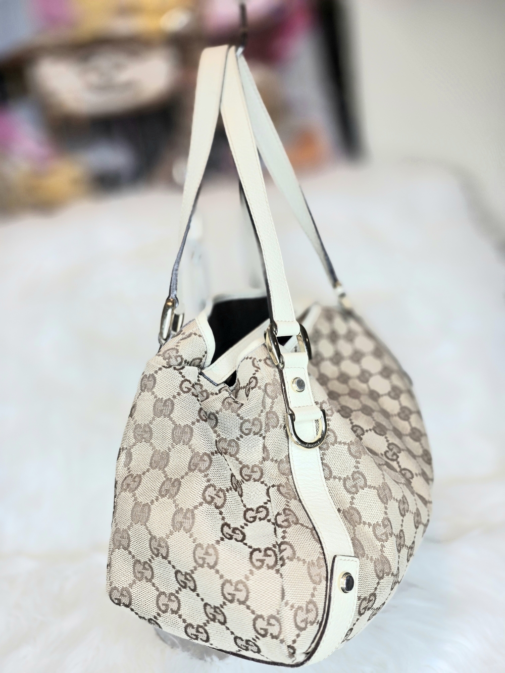 Gucci Abbey Beige GG 2pcs Bag & Wallet Set Monogram Canvas D Ring & Leather Trim - Picture 3 of 17
